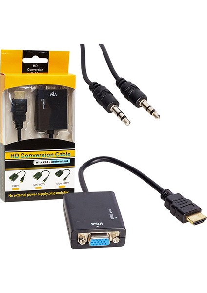 HDMI To VGA Çevirici Adaptör Ses Çıkışlı Kutulu (4825)