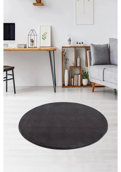 Antrasit Post Peluş Tavşan Tüyü Kaymaz Taban Makinede Yıkanabilir Toz Vermez Yuvarlak Halı Kilim