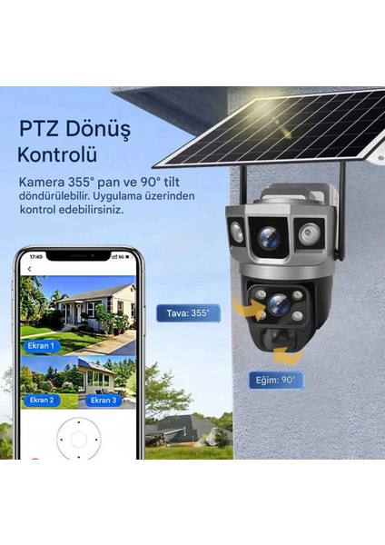 Solar Güneş Enerjili Çift Kameralı 12MP 4g Sim Kartlı Ip Güvenlik Kamerası Siyah modelleri
