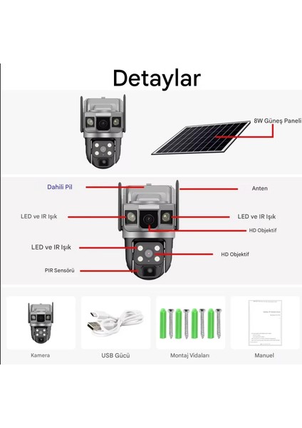 Solar Güneş Enerjili Çift Kameralı 12MP 4g Sim Kartlı Ip Güvenlik Kamerası Siyah indirimleri