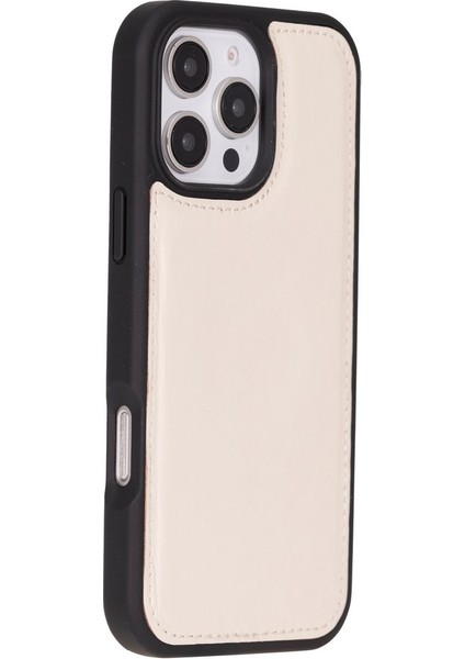 Apple iPhone 16 Pro Uyumlu, Hakiki Deri, El Yapımı, Cüzdanlı Kılıf, Krem Renk