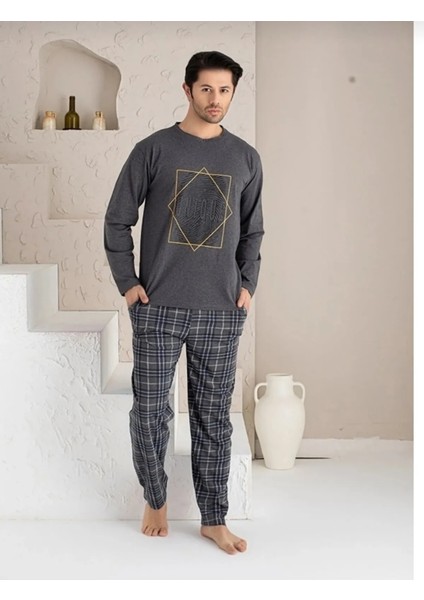 Uzun Kollu Erkek Ekose Alt ve Üst Pijama Takımı %100 Pamuklu 4 Mevsim