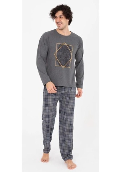 Uzun Kollu Erkek Ekose Alt ve Üst Pijama Takımı %100 Pamuklu 4 Mevsim