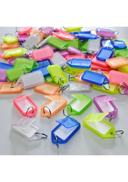 100X Anahtarlık Kapaklı Büyük Plastik Etiket Kimlik Isimlik Isim Yazı Yazmalık 7 Multi Renk