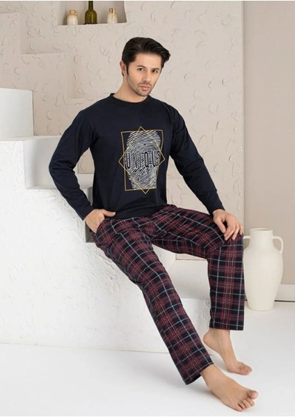 Uzun Kollu Erkek Ekose Alt ve Üst Pijama Takımı %100 Pamuklu 4 Mevsim