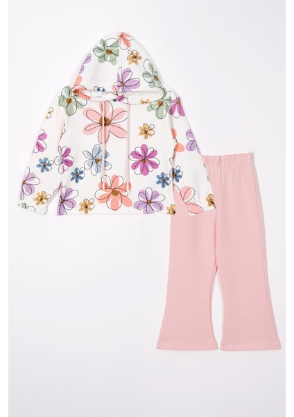 Çicek Baskılı Kapüşonlu Ispanyol Paça Açık Pudra Renk Kız Çocuk Pantolon Takım