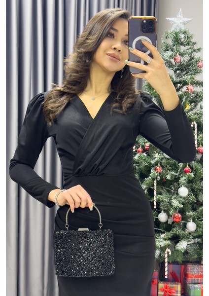 Kadın Kruvaze Yaka Omuz Detay Yırtmaçlı Kalem Elbise Zümrüt Yeşili, Saks, Siyah fiyatları