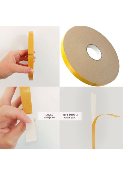 Çift Taraflı Güçlü Opak Bant 12 mm x 100 M - 4 Adet/4,8 M²