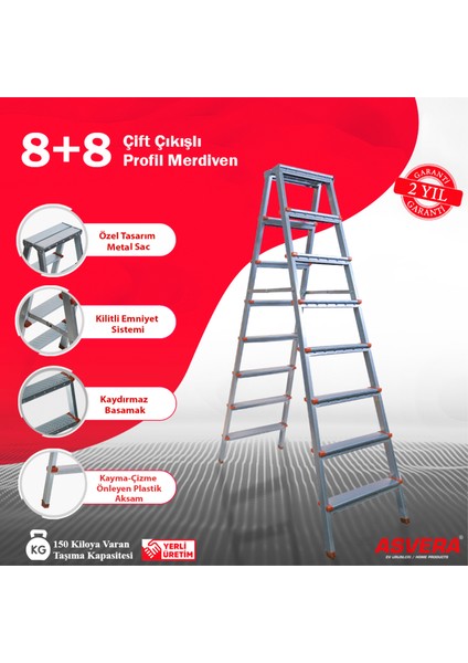 Elmas Serisi - 8+8 Basamaklı Çift Çıkışlı Galvanizli Profil Merdiven (Ev, Bahçe, İşyeri İçin Uygun)