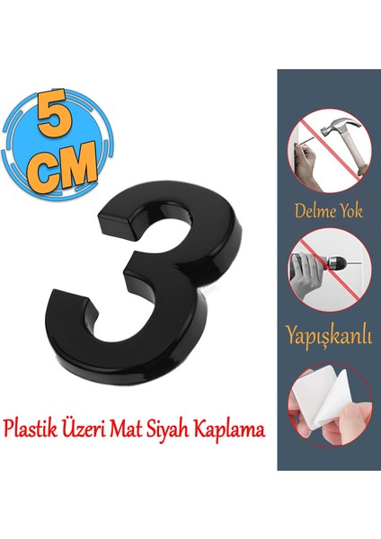 Yapışkanlı Kapı Numarası Küçük Boy 50 mm 5 cm Numara 3 Rakam Üç Sayısı Siyah Renk Numaralar 1 Adet