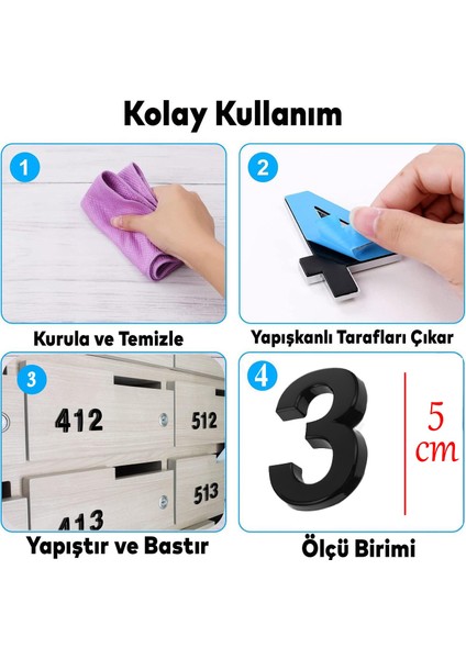 Yapışkanlı Kapı Numarası Küçük Boy 50 mm 5 cm Numara 3 Rakam Üç Sayısı Siyah Renk Numaralar 1 Adet