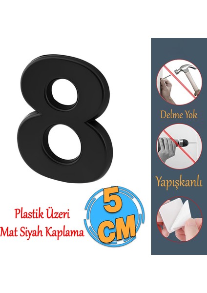 Yapışkanlı Kapı Numarası Küçük Boy 50 mm 5 cm Numara 8 Rakam Sekiz Sayı Siyah Renk Numaralar 1 Adet
