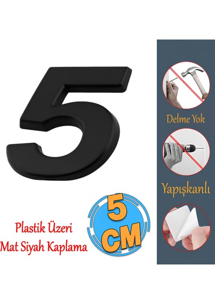 Yapışkanlı Kapı Numarası Küçük Boy 50 mm 5 cm Numara 5 Rakam Beş Sayısı Siyah Renk Numaralar 1 Adet