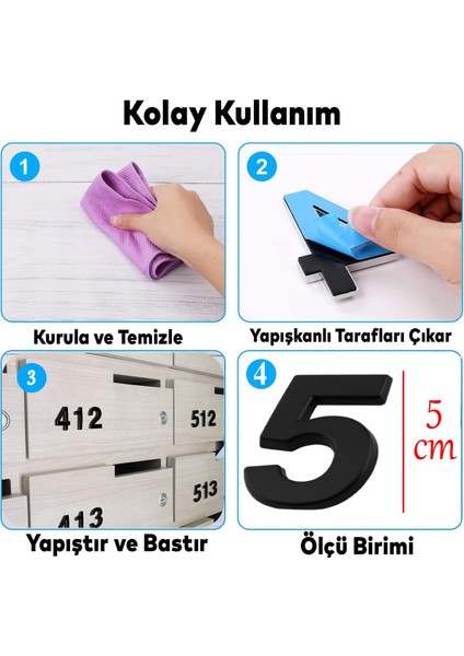 Yapışkanlı Kapı Numarası Küçük Boy 50 mm 5 cm Numara 5 Rakam Beş Sayısı Siyah Renk Numaralar 1 Adet