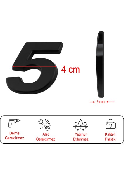 Yapışkanlı Kapı Numarası Küçük Boy 50 mm 5 cm Numara 5 Rakam Beş Sayısı Siyah Renk Numaralar 1 Adet