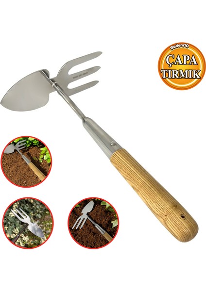 Çapa Tırmık Küçük El Çapası Saplı Tarla Bahçe Çiçek Bitki Ot Toprak Çapası Hobi 3 Dişli 33 cm