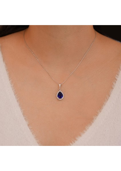 925 Ayar Radyum Kaplama Safir Taşlı Gümüş Kolye
