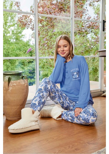 Aydoğan Kadın Uzun Kollu Termal Pijama Takımı Kedi Motto Desenli
