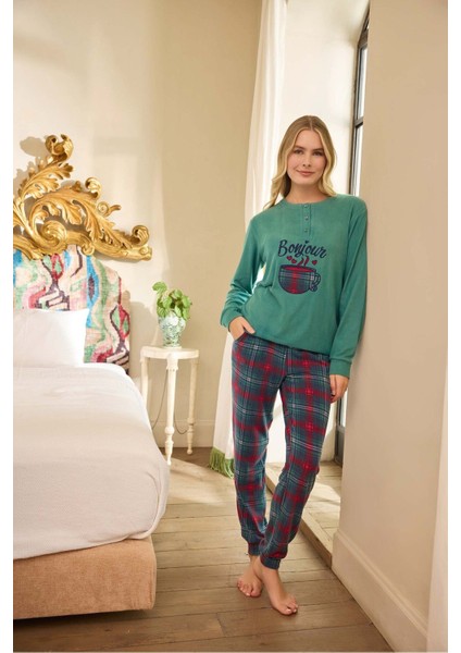 Aydoğan Kadın Uzun Kollu Patlı Termal Pijama Takımı Ekose Bonjour Desenli fiyatları