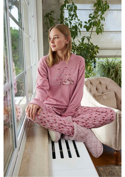 Aydoğan Kadın Uzun Kollu Termal Pijama Takımı Bulut Desenli Mor