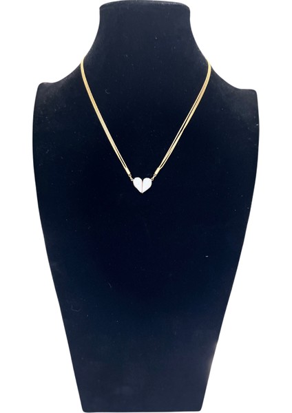 OZZYSHOPTR Kararmaz Çelik Zirkon Taşlı İkiye Ayrılan Mıknatıslı Kalp Kolye-3 Zincirli