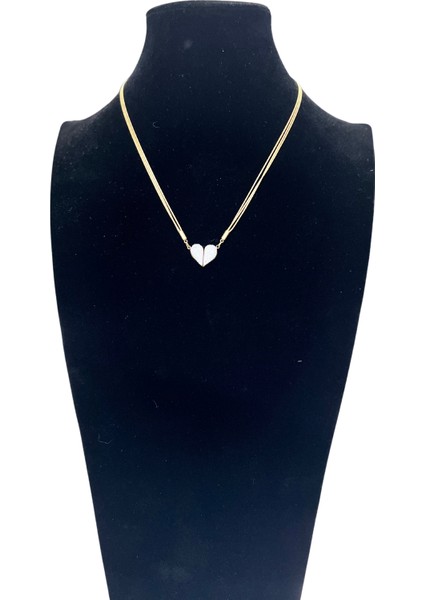 OZZYSHOPTR Kararmaz Çelik Zirkon Taşlı İkiye Ayrılan Mıknatıslı Kalp Kolye-3 Zincirli
