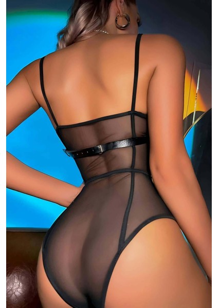 Zincirli Siyah Deri Göğüs Harness - APFT823