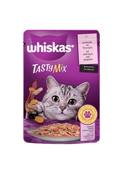Pouch Tastymix Sos Içinde Somonlu ve Havuçlu Yetişkin Kedi Konservesi 28 Adet 85 gr