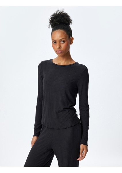 Modal Kumaş Uzun Kollu Bisiklet Yaka Pijama Üstü