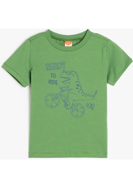 Bisiklet Yaka Kısa Kollu Pamuklu Dinozor Baskılı Tişört