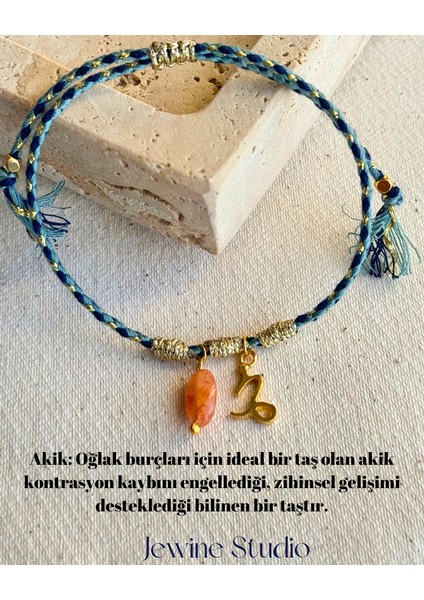 Oğlak Burcu Simgeli ve Oğlak Burcu Özel Akik Doğal Taşlı Ip Bileklik