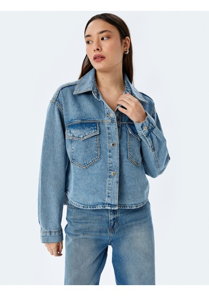 Cep Detaylı Klasik Yaka Düğmeli Denim Ceket