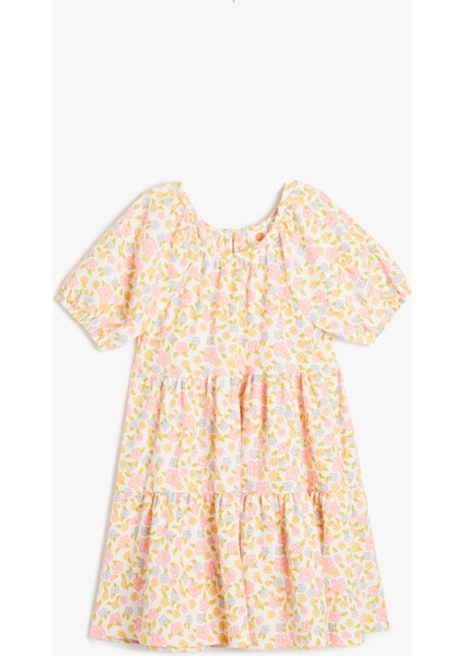 Balon Kollu Yuvarlak Yaka Çiçek Desenli Elbise