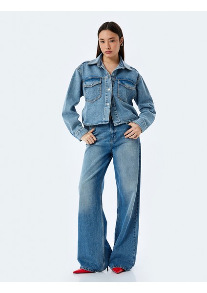 Cep Detaylı Klasik Yaka Düğmeli Denim Ceket
