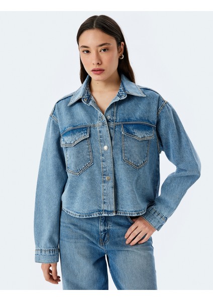 Cep Detaylı Klasik Yaka Düğmeli Denim Ceket