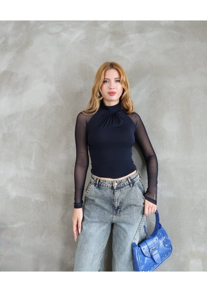 Kadın Body Tüllü Transparan Kol Detay Büzgülü Yaka Premium Kalite fiyatları