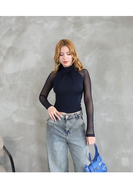 Kadın Body Tüllü Transparan Kol Detay Büzgülü Yaka Premium Kalite modelleri