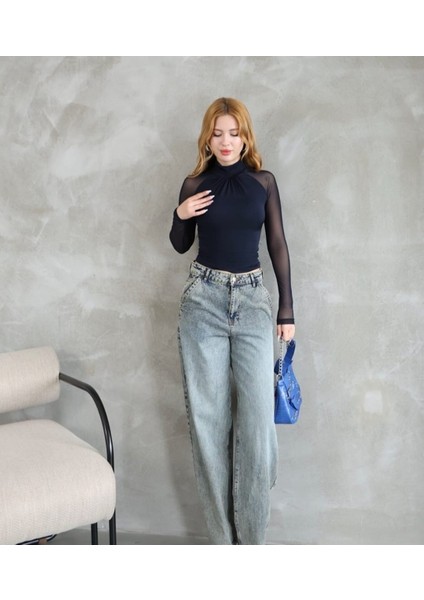 Kadın Body Tüllü Transparan Kol Detay Büzgülü Yaka Premium Kalite fırsatları