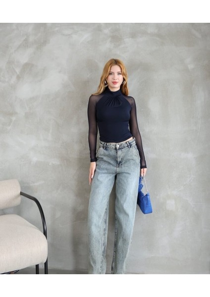 Kadın Body Tüllü Transparan Kol Detay Büzgülü Yaka Premium Kalite indirimleri