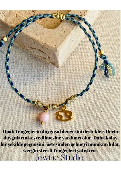 Yengeç Burcu Simgeli ve Yengeç Burcu Özel Pembe Opal Doğal Taşlı Ip Bileklik