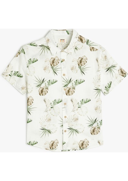 Desenli Düğme Detaylı Kısa Kollu Pamuklu Gömlek