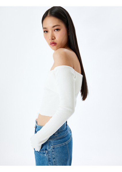 Omzu Açık Madonna Yaka Slim Fit Crop Uzun Kollu Tişört