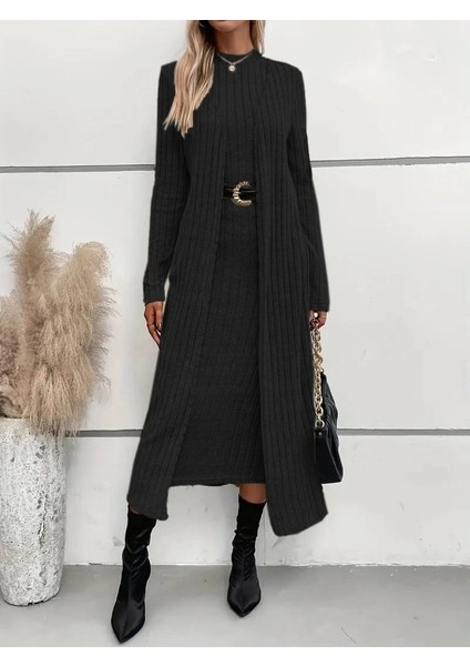 Kadın Uzun Kollu Yarı Balıkçı Yaka Şardonlu Dalgıç Elbise ve Uzun Hırka Ikili Takım