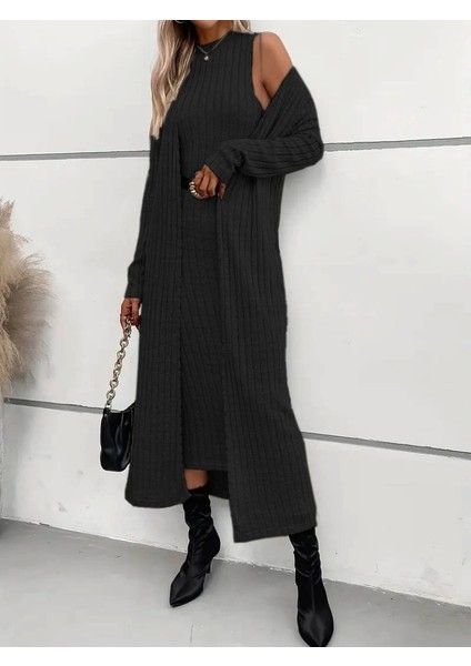 Kadın Uzun Kollu Yarı Balıkçı Yaka Şardonlu Dalgıç Elbise ve Uzun Hırka Ikili Takım fiyatları