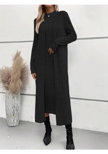 Kadın Uzun Kollu Yarı Balıkçı Yaka Şardonlu Dalgıç Elbise ve Uzun Hırka Ikili Takım modelleri