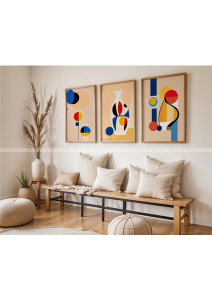 Soyut Sanat 3 Parçalı Ahşap Çerçeveli Tablo Seti - Modern Minimalist Tasarım
