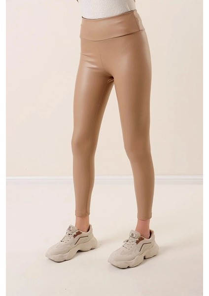 Kadın Yüksek Bel Toparlayacı Içi Şardonlu Tam Kalıp Deri Tayt