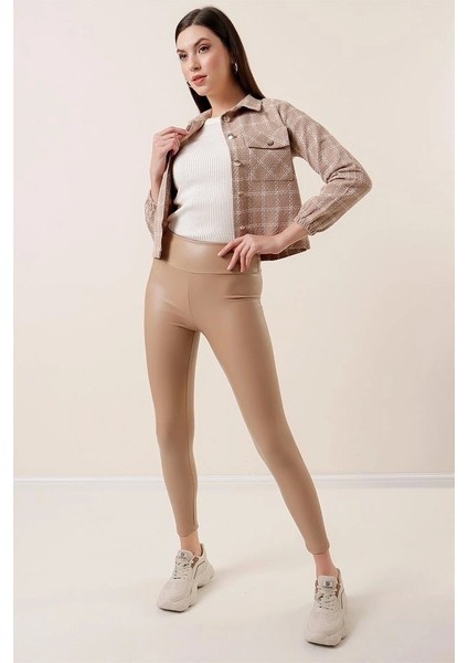 Kadın Yüksek Bel Toparlayacı Içi Şardonlu Tam Kalıp Deri Tayt modelleri