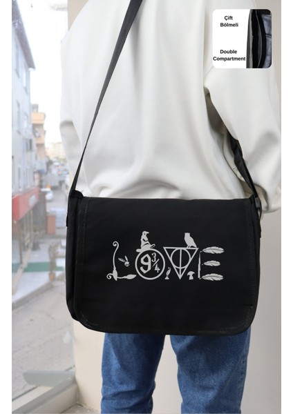 Love Yazılı Postacı Çantası, Unisex Hary Poter Baskılı Omuz Çantası