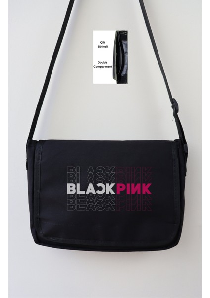 Unisex Blackpink Yazılı Siyah Postacı Çantası